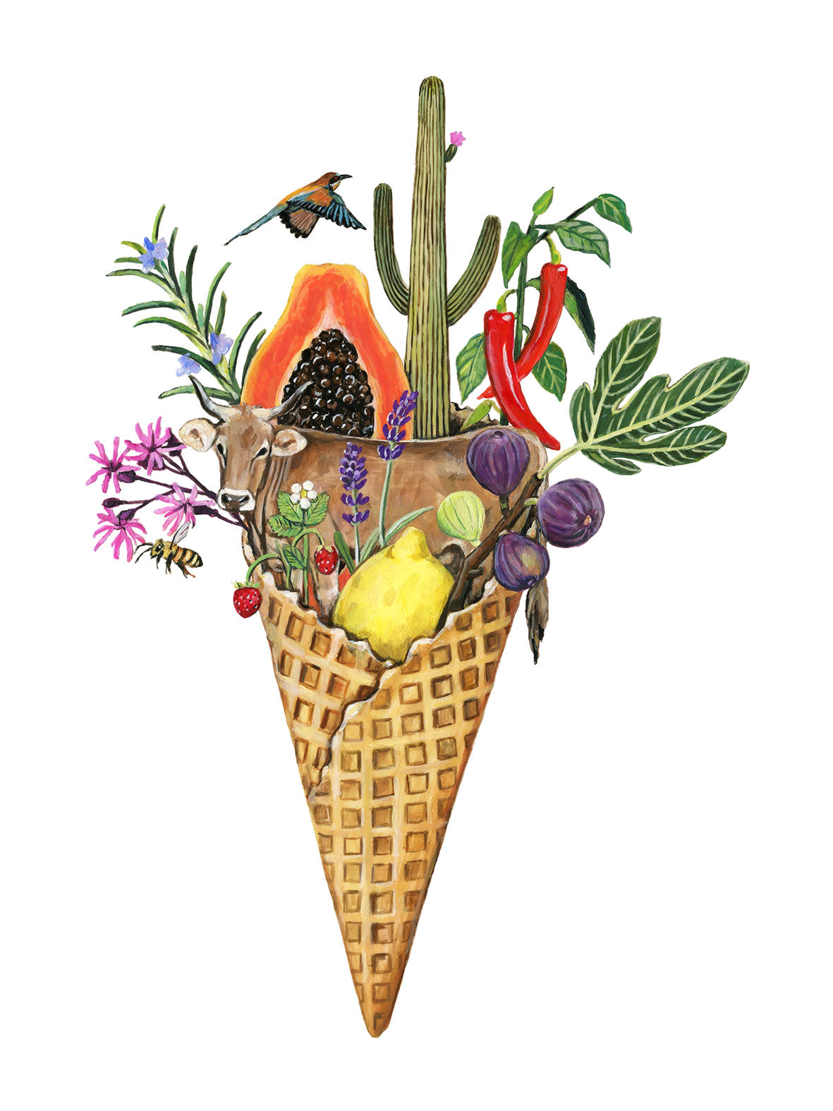 Das farbenfrohe Fine-Art Print zeigt eine Eiswaffel befüllt bunten Pflanzen, Blumen und vielerlei Früchten. Zwischen Kaktus und Lavendel ist eine Kuh erkennbar, über der ein orange-blauer Papagei seine Flügel schlägt.