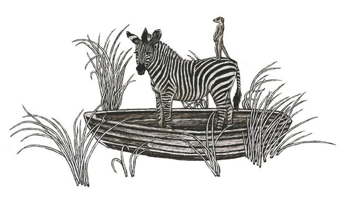 Clara de Villiers schwarz-weiße Illustration zeigt ein Zebra mit einem Erdmännchen, die sich in einem Boot auf eine Reise begeben.