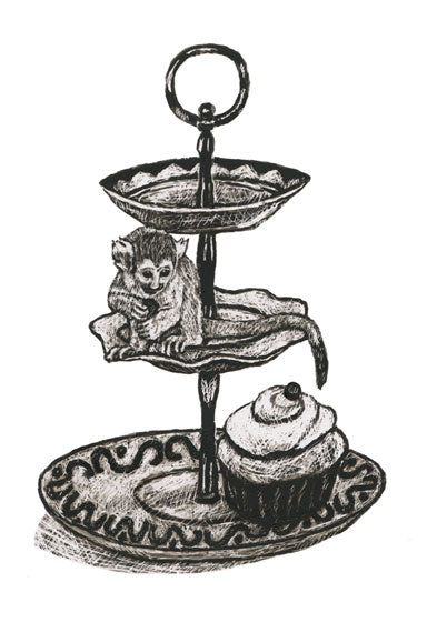 Schwarz-Weiß-Druck von Clara de Villiers zeigt neugierigen Affen mit Cupcake