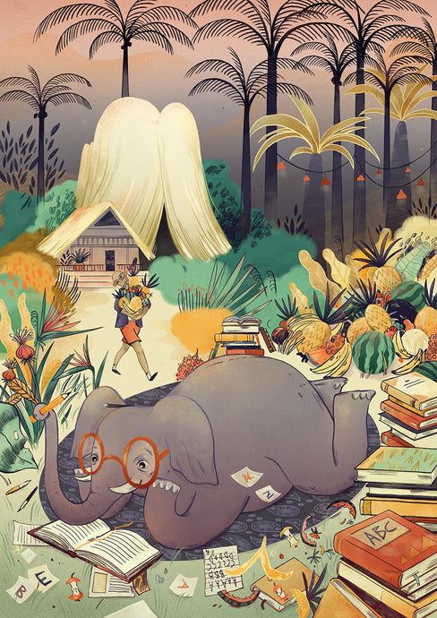 Illustration von Martina Liebig, in der ein Elefant zwischen Büchern liegt