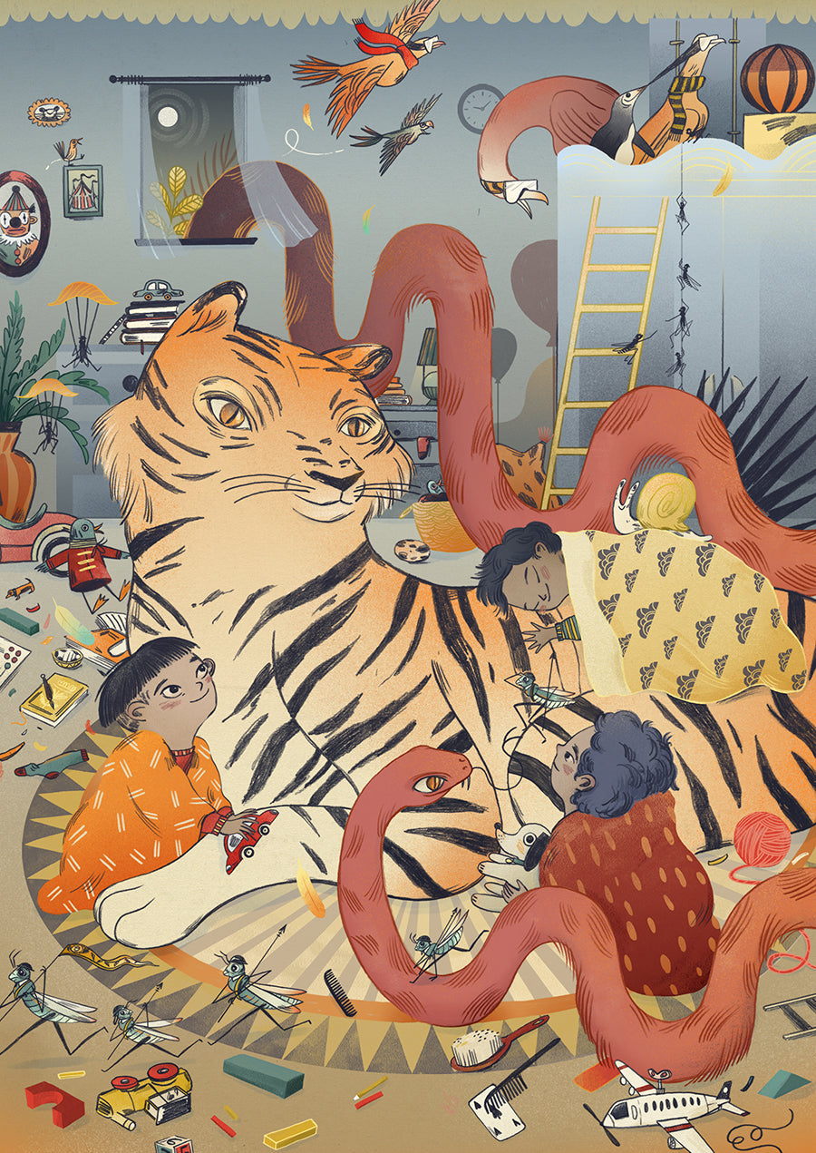 Martina Liebigs farbenfrohe Illustration bildet einen Tiger umgeben von Kindern ab